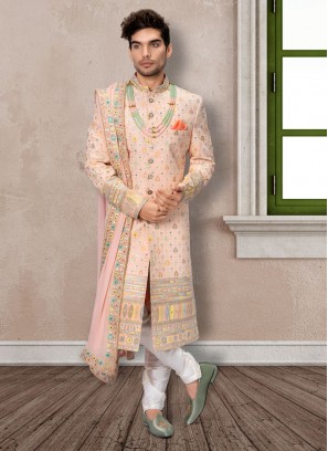 Mens Wedding Sherwani In Peach Color