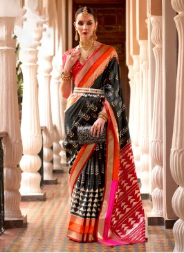 Black & Red Silk Patola Print Trendy Saree