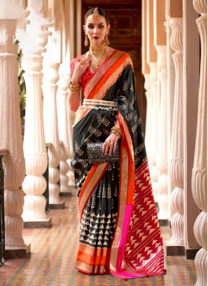 Black & Red Silk Patola Print Trendy Saree