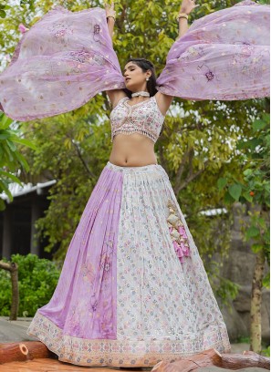 Mesmerizing Off White & Lilac Designer Chiffon Lehenga Choli