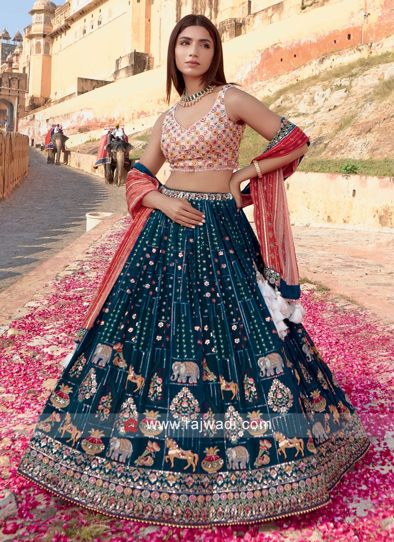 Mesmerizing Designer Peacock Blue Chiffon Lehenga Choli