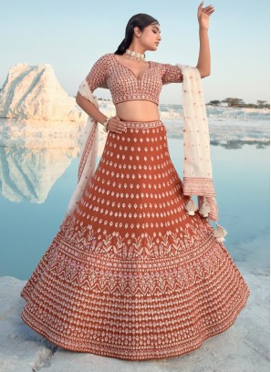 Mesmerizing Designer Chiffon Lehenga Choli in Rust Color