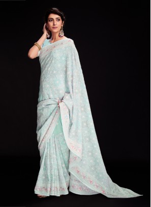 Mesmerizing Lucknowi Embroidered Powder Blue Designer Saree