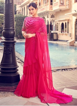 Hot Pink Organza Ruffle Saree With Embroidered Blouse