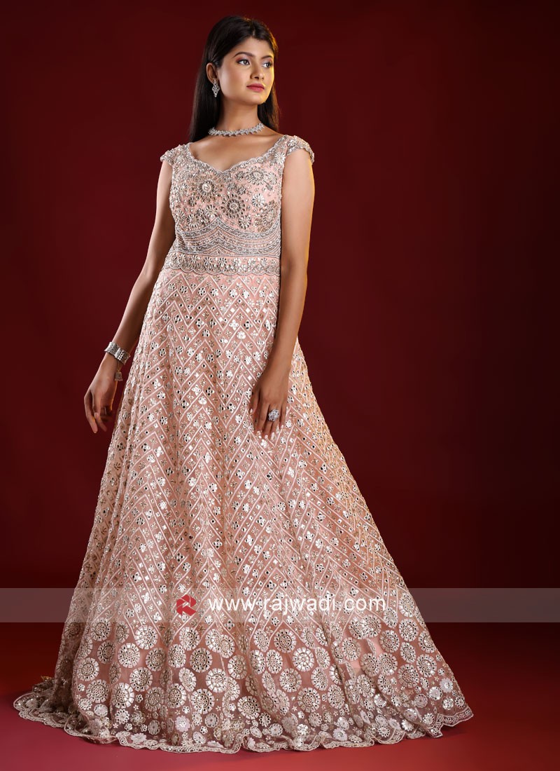 Peach Color Fluffy Full Stitched Anarkali Gown with Dupatta-mncb.edu.vn
