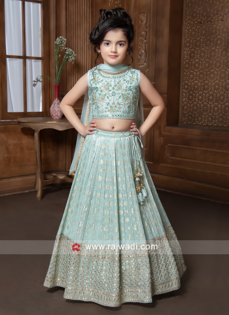 Beautiful Sea Green Net Fabric Wedding Wear Embroidered Readymade Kids  Lehenga Choli