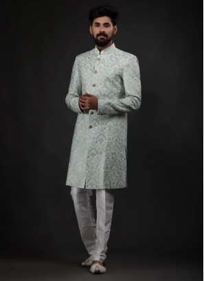 Mint Blue Embroidered Men Indowestern For Wedding