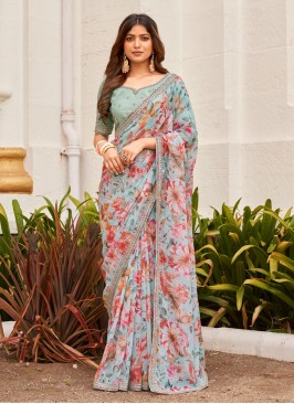 Mint Green Organza Floral Printed Saree With Sequins