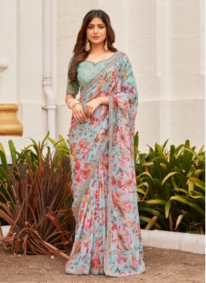 Mint Green Organza Floral Printed Saree With Sequins