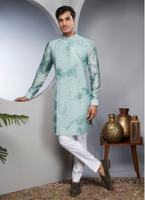 Mint Green Sequins Embroidered Kurta Pajama In Cotton Silk