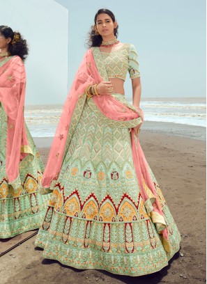 Green and Peach-coloured Embroidered Unstitched Lehenga & Blouse With  Dupatta - Etsy