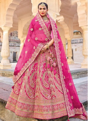 Deep Pink Satin Silk Resham Embroidered Lehenga Choli