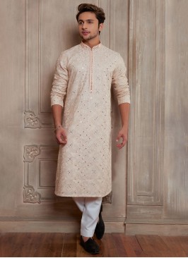 Mirror Embroidered Light Peach Readymade Kurta Pajama