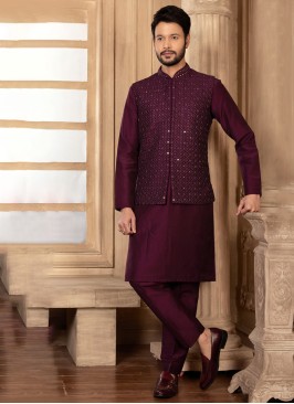 Mirror Embroidered Wine Nehru Jacket Set