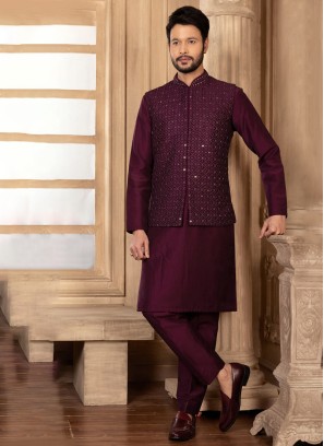 Mirror Embroidered Wine Nehru Jacket Set