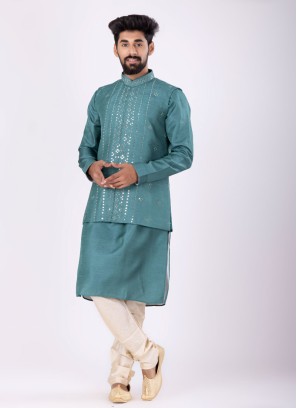 Mirror Work Nehru Jacket Suit In Sea Green Color