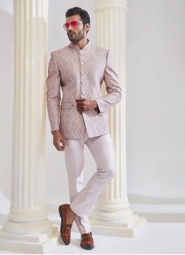 Misty Rose Pink Embroidered Mens Jodhpuri Suit