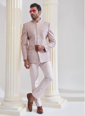 Misty Rose Pink Embroidered Mens Jodhpuri Suit