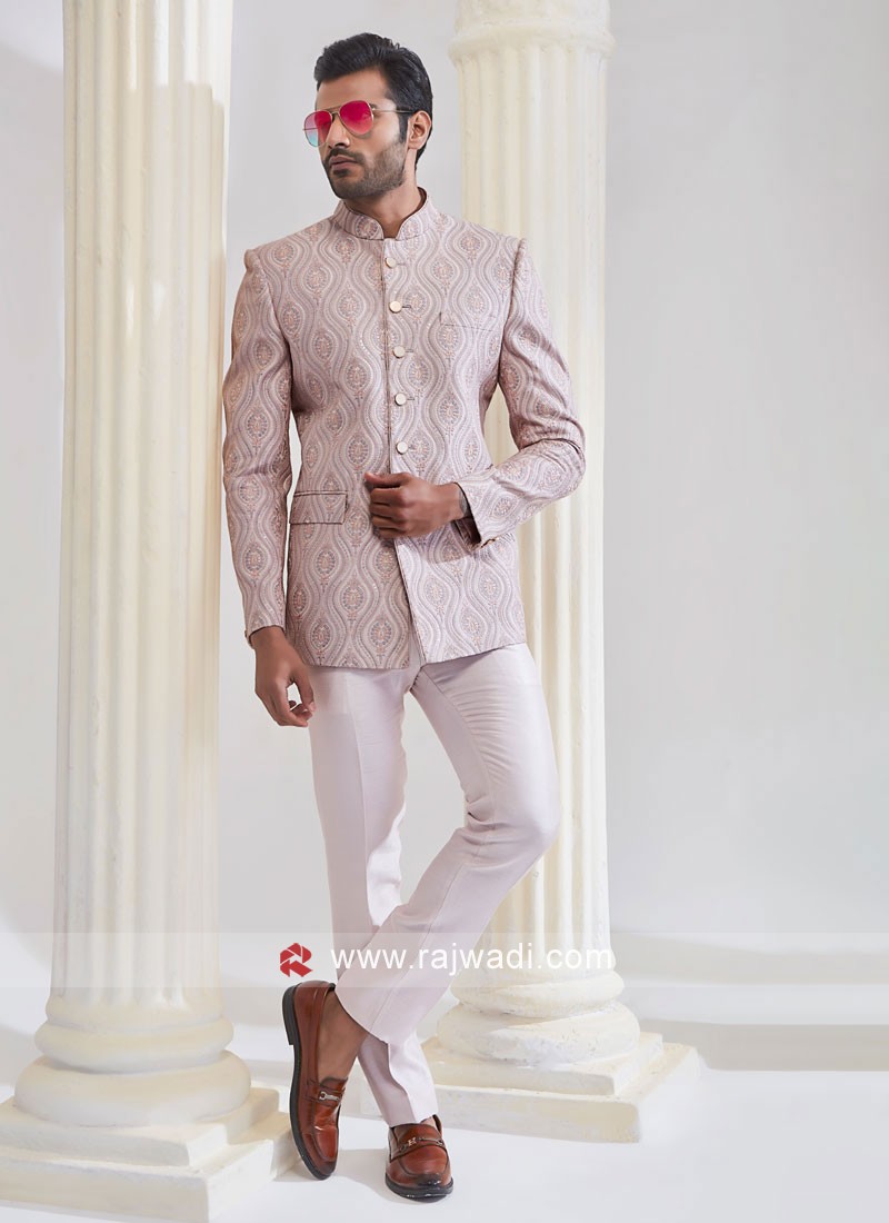 Jacquard Fabric Golden Color Readymade Jodhpuri Suit For Men