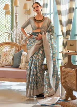 Stunning Blue and Grey Handloom Silk & Tissue Saree