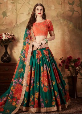 Modernistic Floral Print Green Organza A Line Lehenga Choli