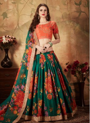 Modernistic Floral Print Green Organza A Line Lehenga Choli