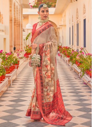 Rust and Beige Chiffon Silk Floral Printed Saree