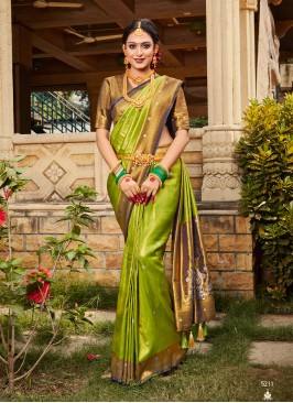Shimmering Green Woven Kanjivaram Silk Festival Saree