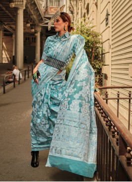 Turquoise Woven Organza Satin Silk Saree