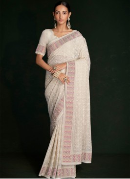 Off White Georgette Lucknowi Classic Saree