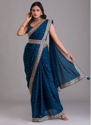 Stylish Aqua Blue Sharara Style Readymade Saree