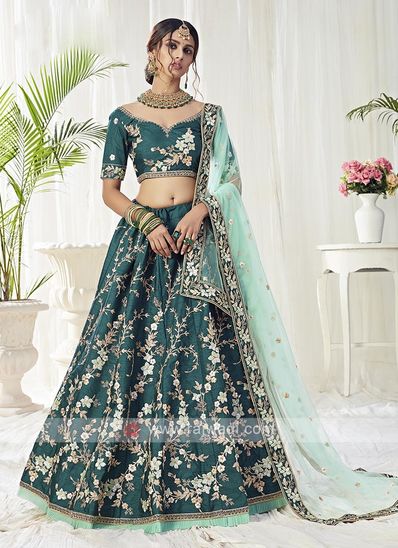 BEAUTIFULLY EMBELLISHED DARK GREEN LEHENGA CHOLI SET BY WTW – Women  Traditional Wear