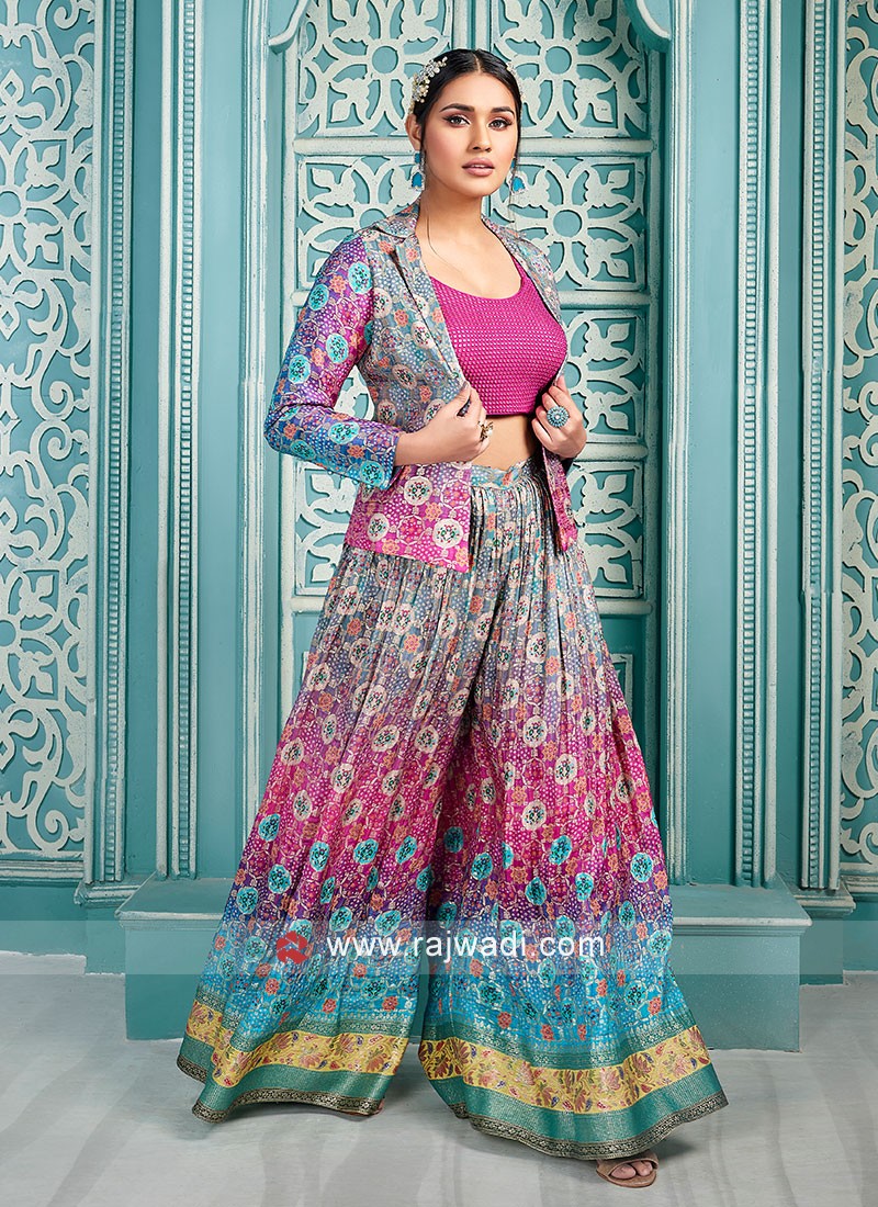 Multi Brocade Silk Palazzo Suit With Jacket