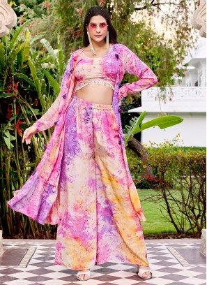 Multi Color Batik Print Silk Palazzo Suit With Jacket