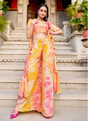 Multi Color Batik Printed Indowestern Palazzo Suit With Jacket