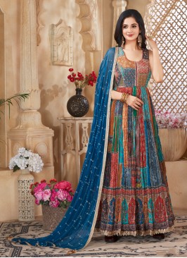 Multi Color Designer Anarkali Suit In Chiffon Fabric