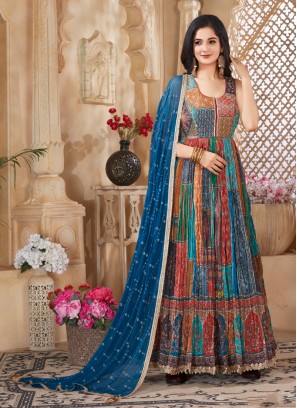 Multi Color Designer Anarkali Suit In Chiffon Fabric