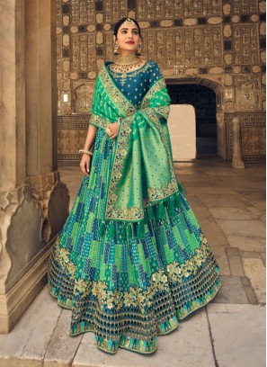 Peacock Blue and Green Designer Art Silk Lehenga Choli