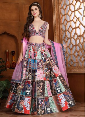 Multi Color Fancy Printed Lehenga Choli In Silk