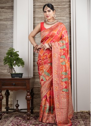 Multi Color Peacock Motifs Banarasi Silk Saree