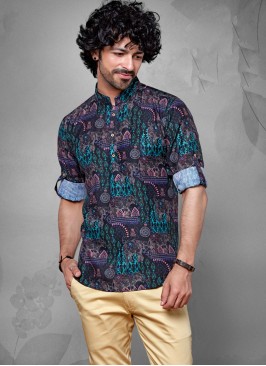 Multi Color Printed Cotton Silk Kurta For Men