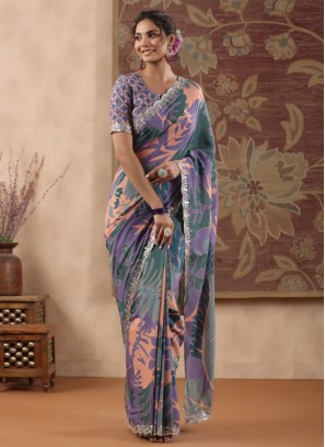 Multi Colored Printed Satin Silk Saree