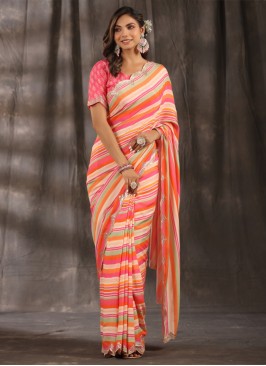 Multi Colored Satin Silk Saree with Fancy Prints