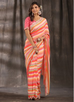 Multi Colored Satin Silk Saree with Fancy Prints