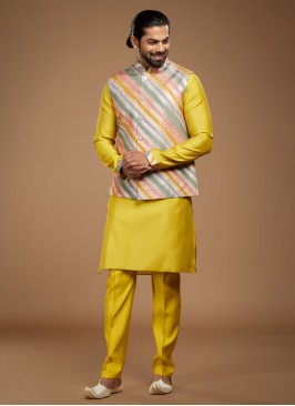 Multi Color Silk Wedding Wear Nehru Jacket Set