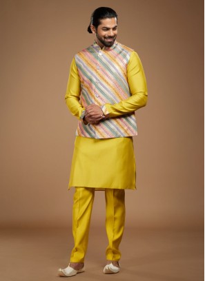 Multi Color Silk Wedding Wear Nehru Jacket Set