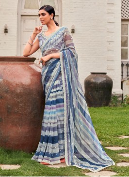 Multi Color Strip Print Saree With Zig Zag Blouse Material
