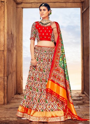 White and Red Readymade Silk Lehenga Choli