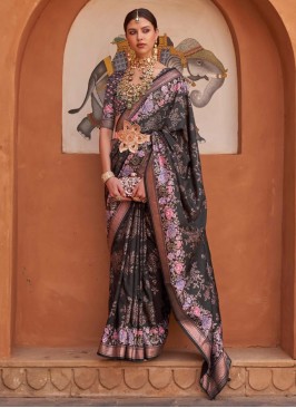 Black Floral Printed Contemporary Silk Saree