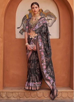 Black Floral Printed Contemporary Silk Saree